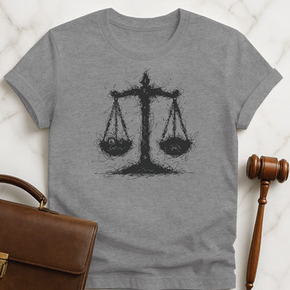 cool law school t-shirt featuring Scales of justice like a scribble in grey