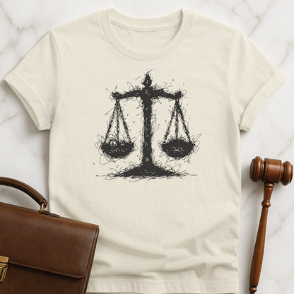 cool law grad tshirt featuring Scales of justice like a scribble in cream