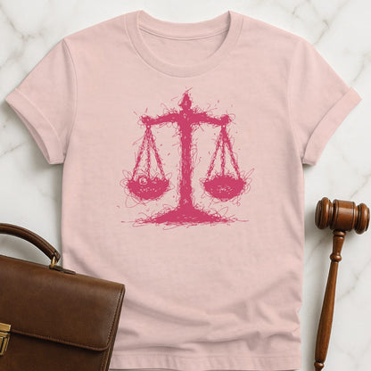 cool law school graduate graphic t-shirt featuring Scales of justice like a scribble in pink