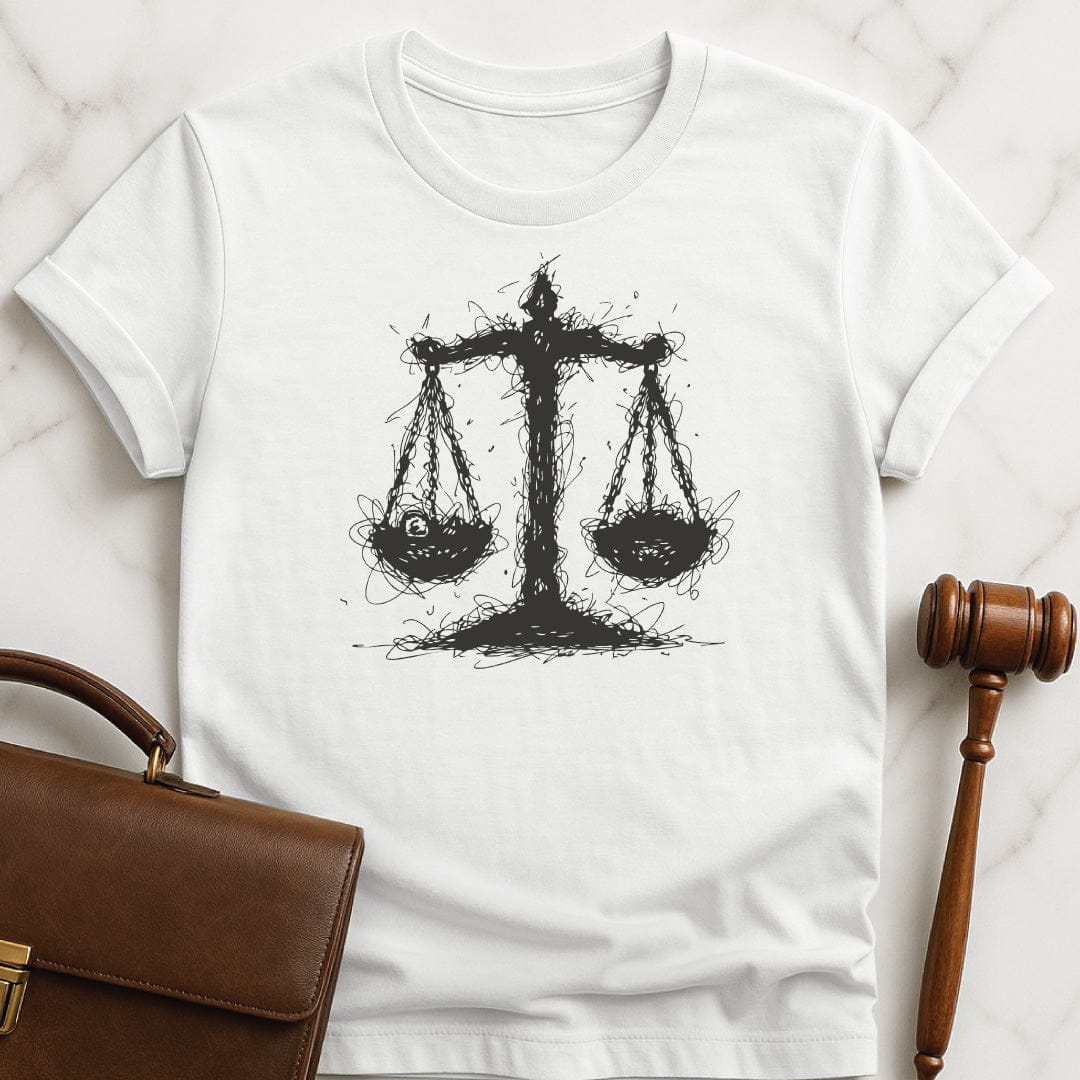 trendy law graduate graphic t shirt featuring Scales of justice like a scribble in white