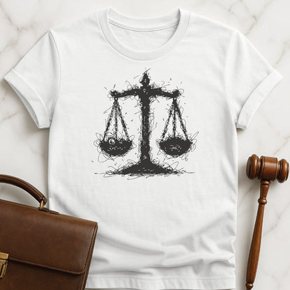 trendy law graduate graphic t shirt featuring Scales of justice like a scribble in white