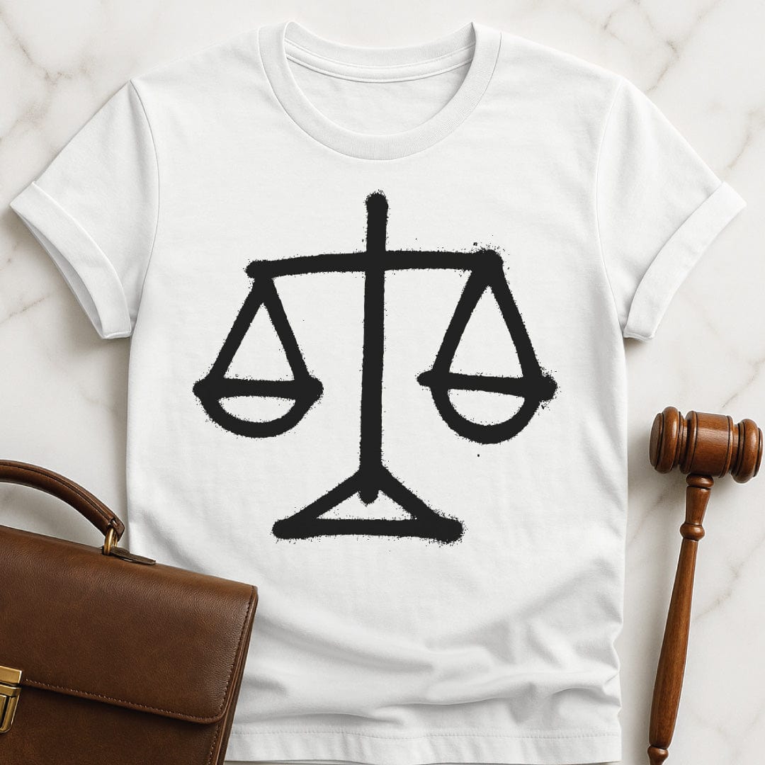 cool law grad t shirt featuring scales of justice graffiti style in white