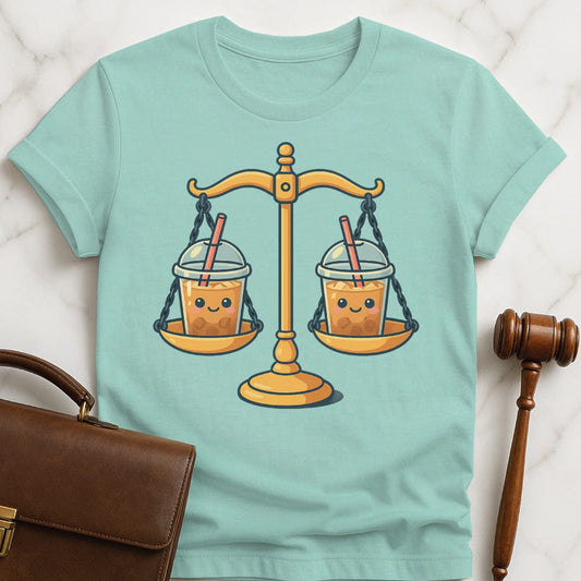 cute law graduate graphic t-shirt featuring cute kawaii scales of justice with iced coffee in heather green