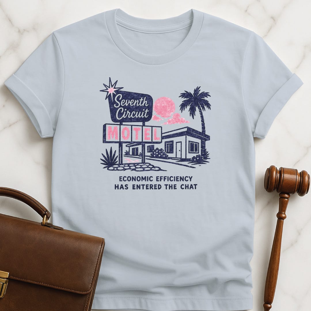 funny new attorney graphic t-shirt that says Seventh Circuit Motel Economic Efficiency has entered the chat featuring retro motel in blue