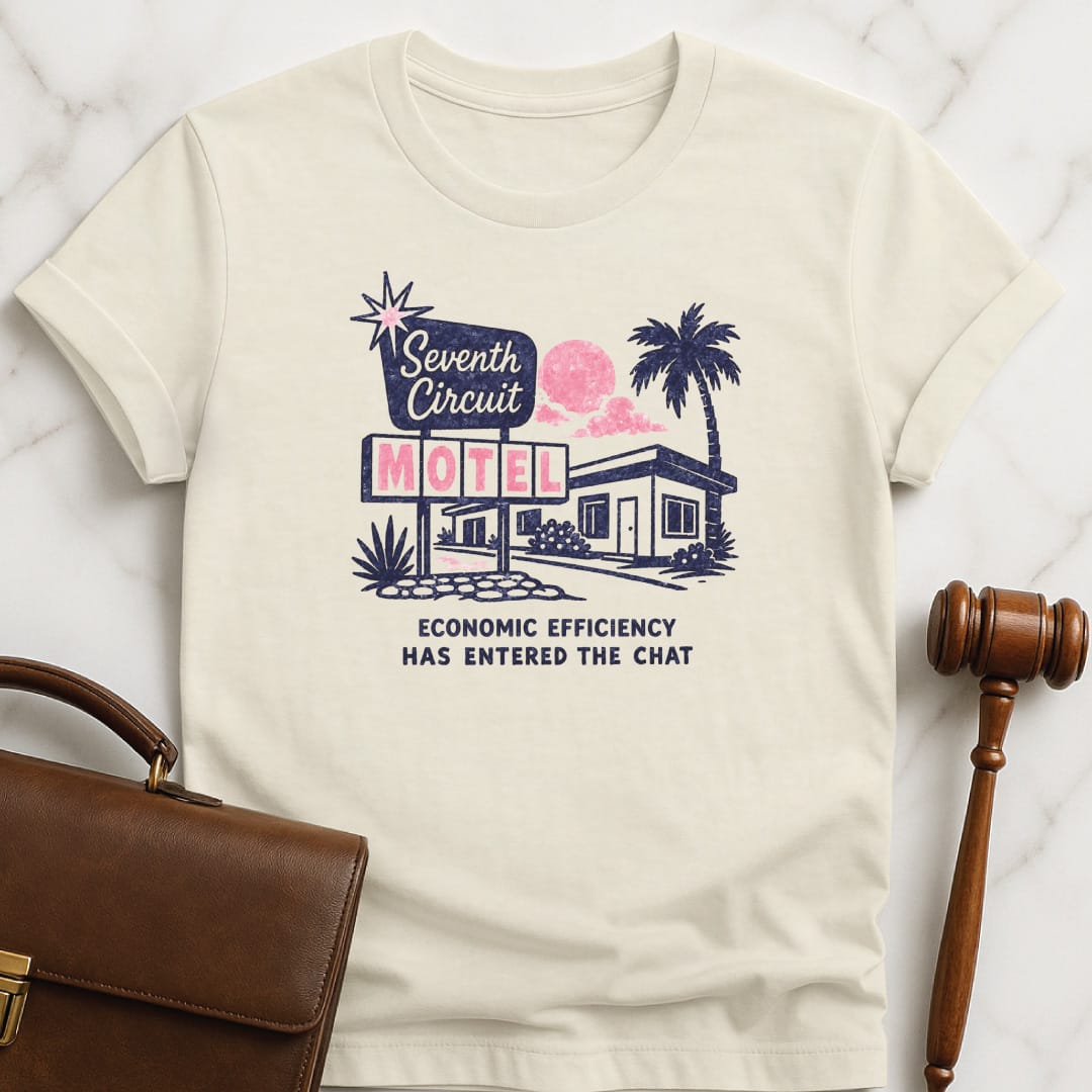 cool lawyer graphic t shirt that says Seventh Circuit Motel Economic Efficiency has entered the chat featuring retro motel in cream