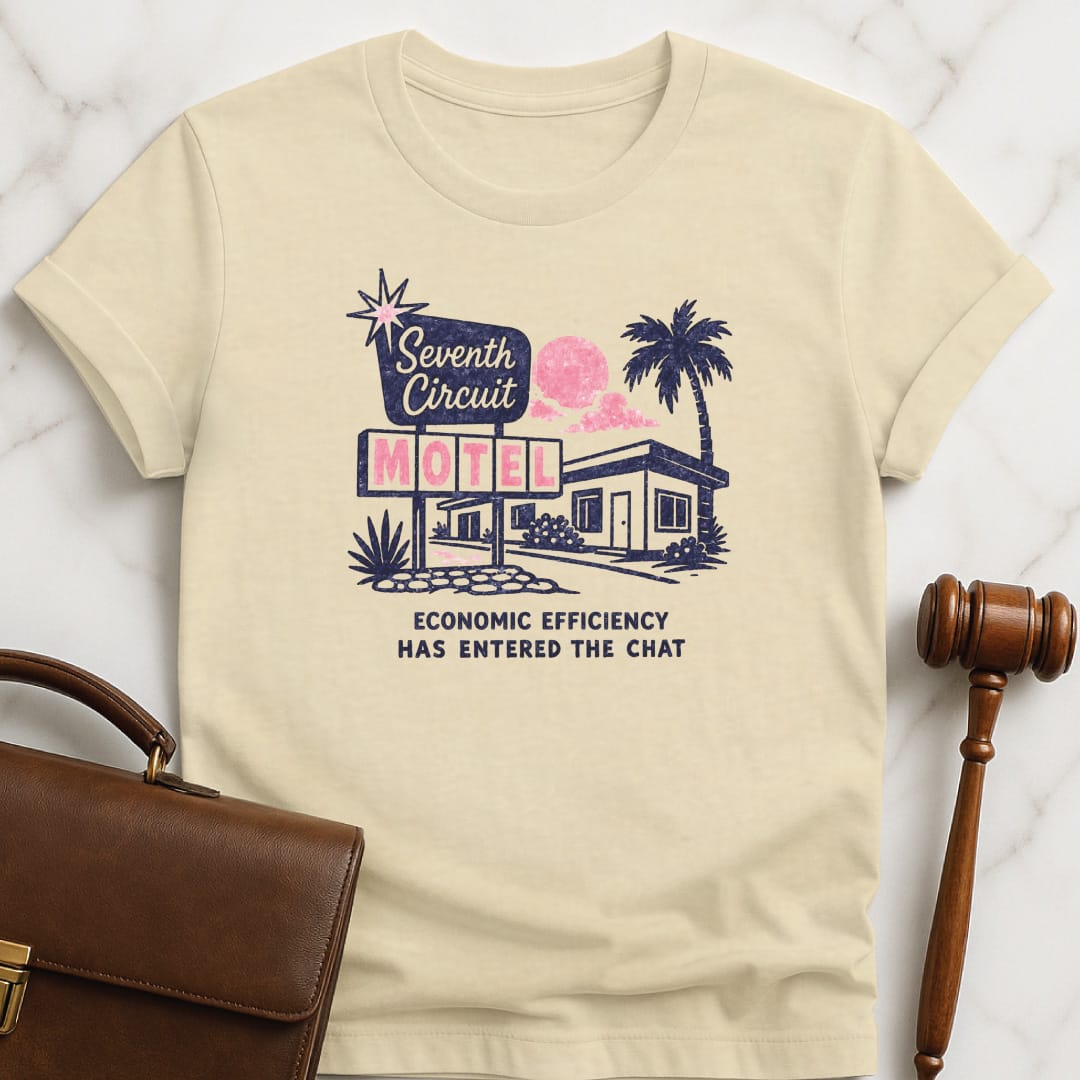funny attorney graphic tshirt that says Seventh Circuit Motel Economic Efficiency has entered the chat featuring retro motel in cream