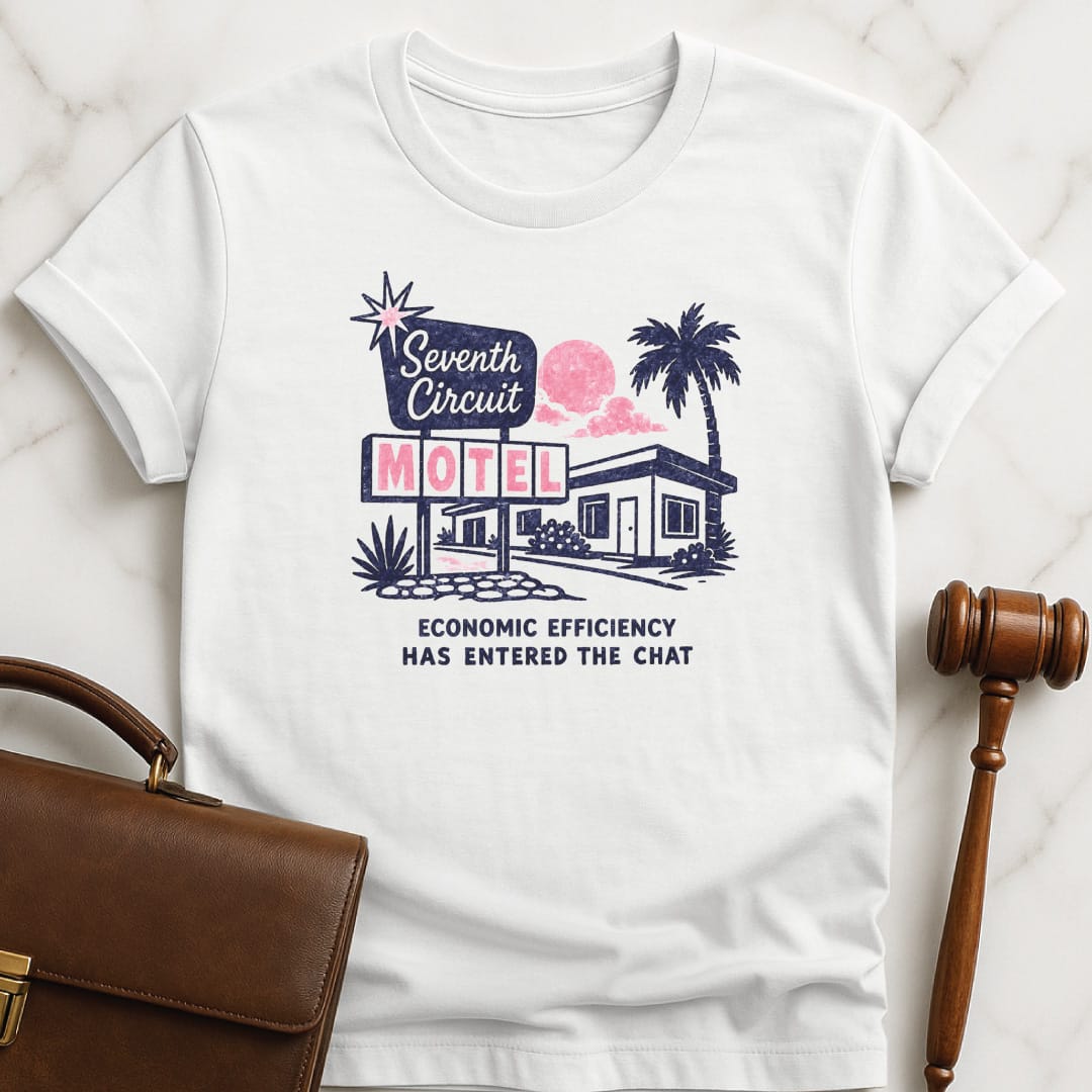 funny law student t-shirt that says Seventh Circuit Motel Economic Efficiency has entered the chat featuring retro motel in white