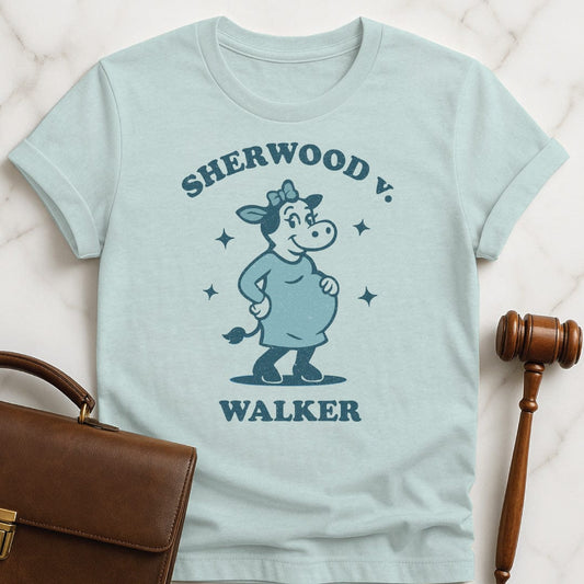 funny law student tshirt that says Sherwood v Walker featuring a pregnant bull in a maternity dress in heather blue
