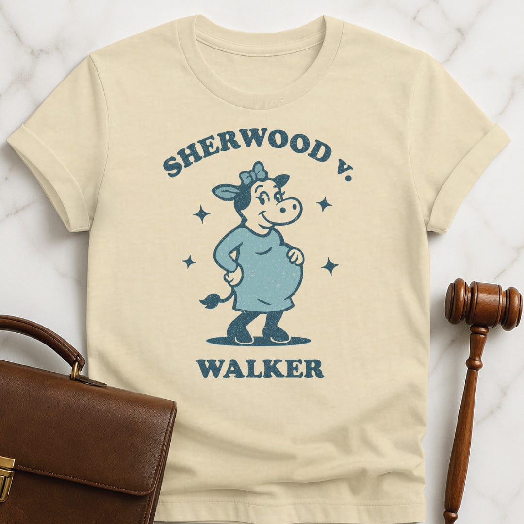 funny law student graphic tshirt that says Sherwood v Walker featuring a pregnant bull in a maternity dress in cream