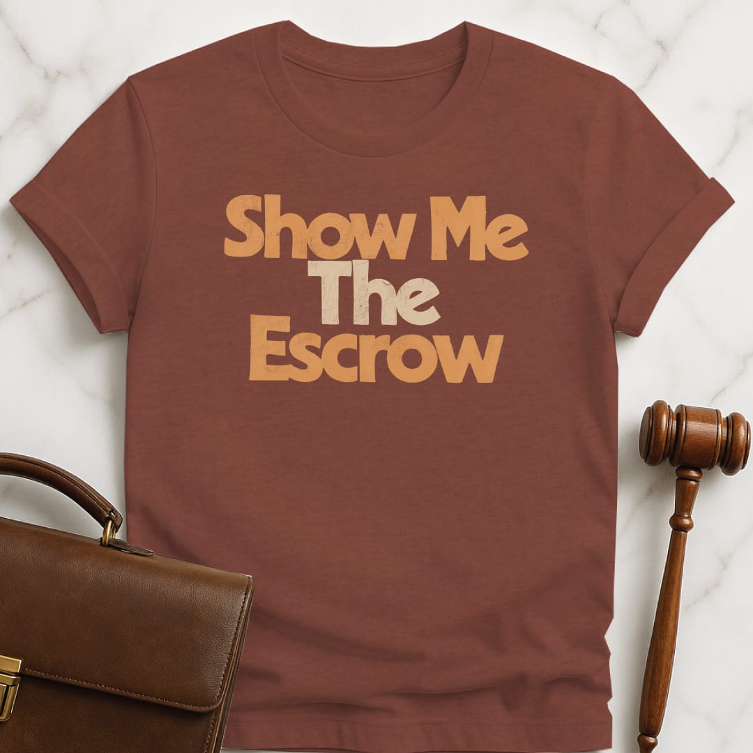 funny lawyer tshirt that says Show me the escrow in heather brown