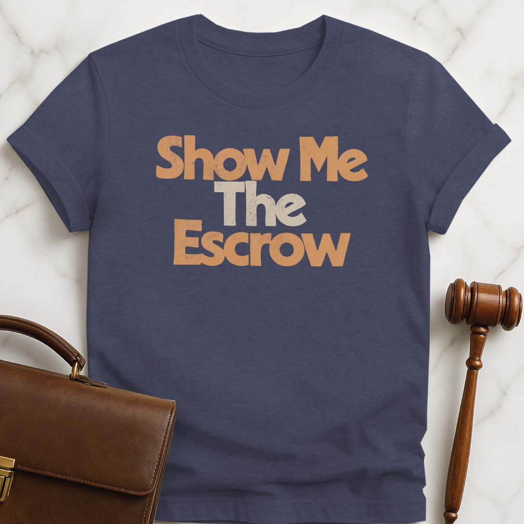 funny lawyer t-shirt that says Show me the escrow in heather blue