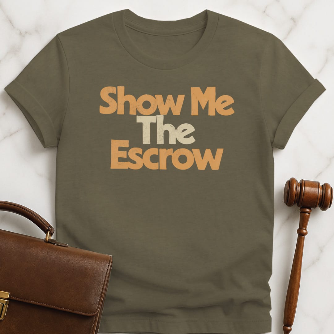 funny lawyer graphic t-shirt that says Show me the escrow in heather green