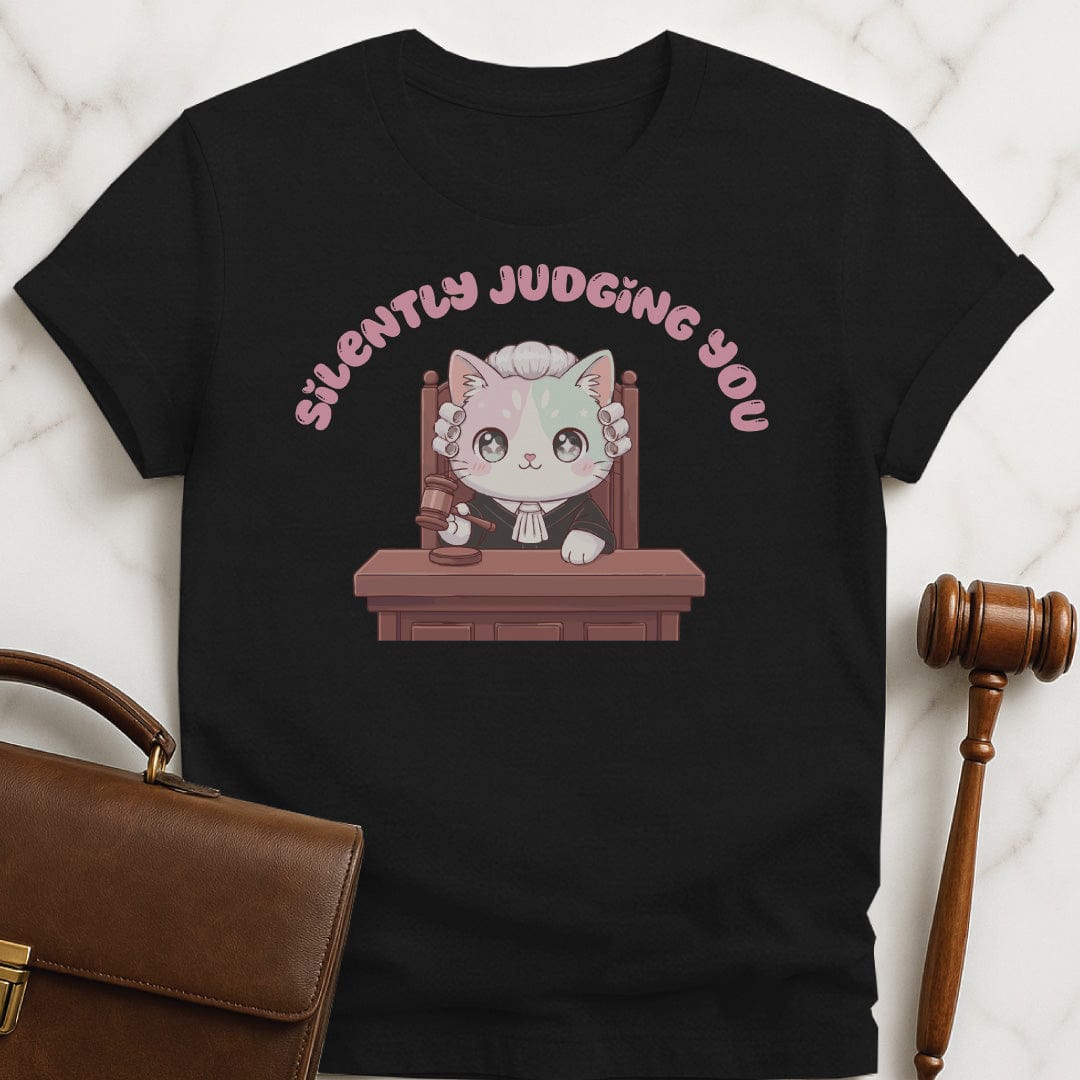 kawaii law graduate graphic t shirt that says Silently judging you featuring Kawaii cat dressed like a judge in black