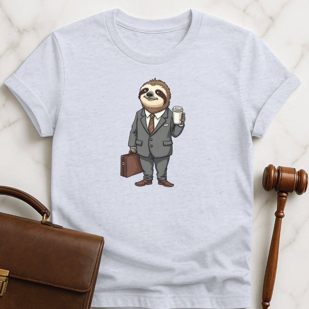funny attorney tshirt featuring a sloth dressed up like a lawyer in grey