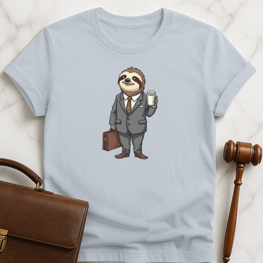 funny new attorney graphic tshirt featuring a sloth dressed up like a lawyer in blue