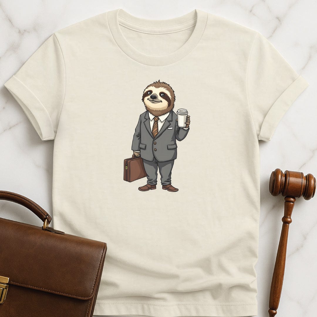 cute new lawyer graphic tee featuring a sloth dressed up like a lawyer in cream