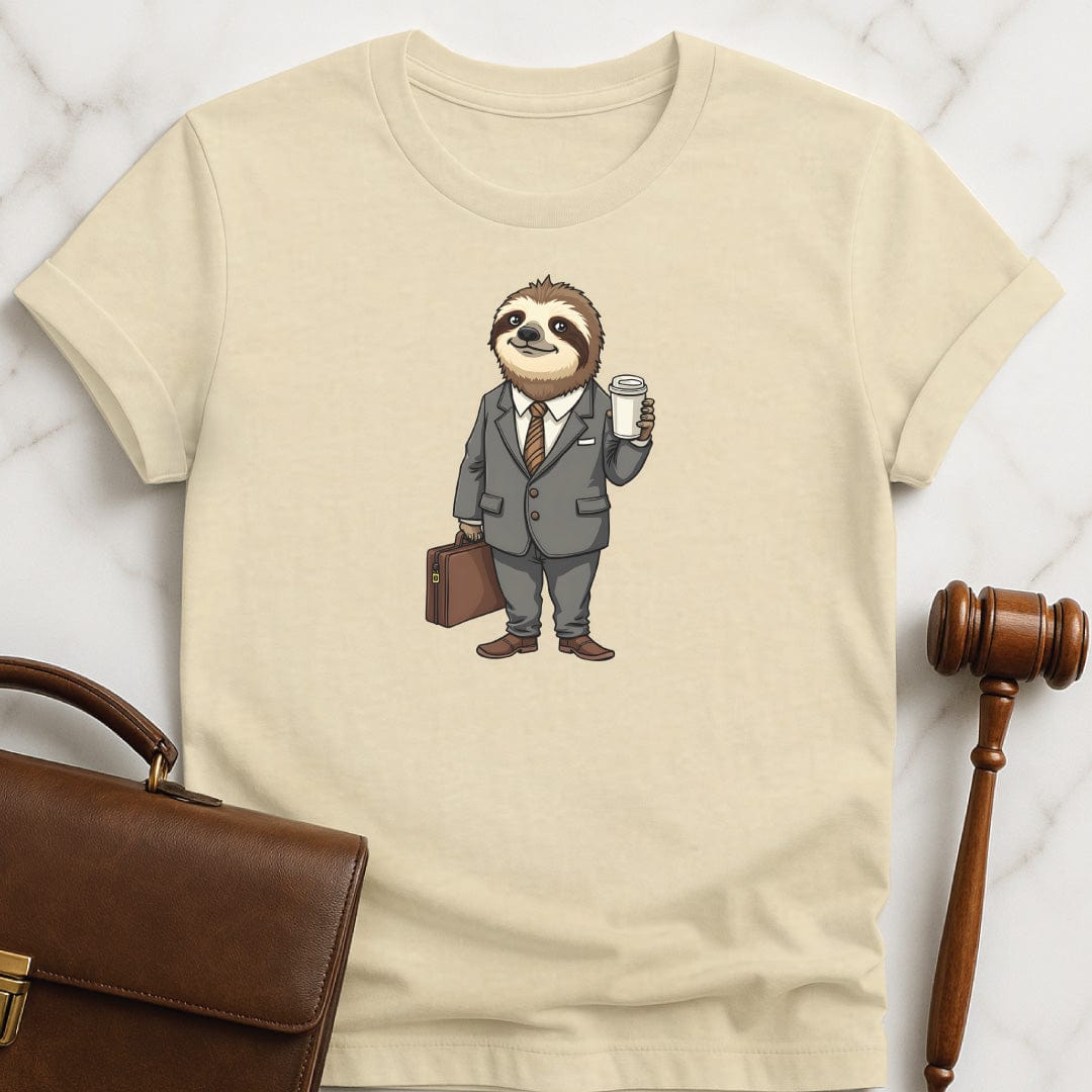 cute law grad graphic t shirt featuring a sloth dressed up like a lawyer in cream