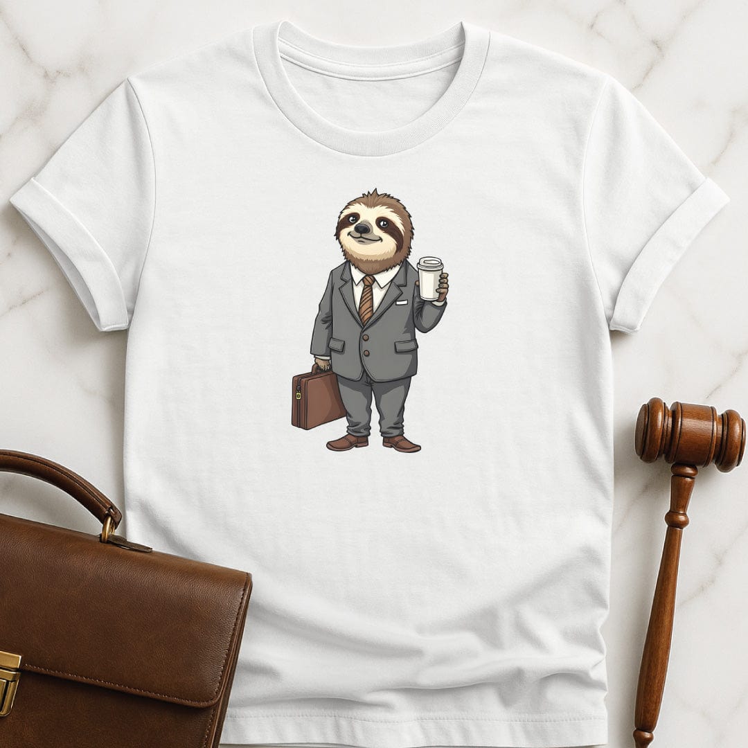 cute law school graduate t shirt featuring a sloth dressed up like a lawyer in white