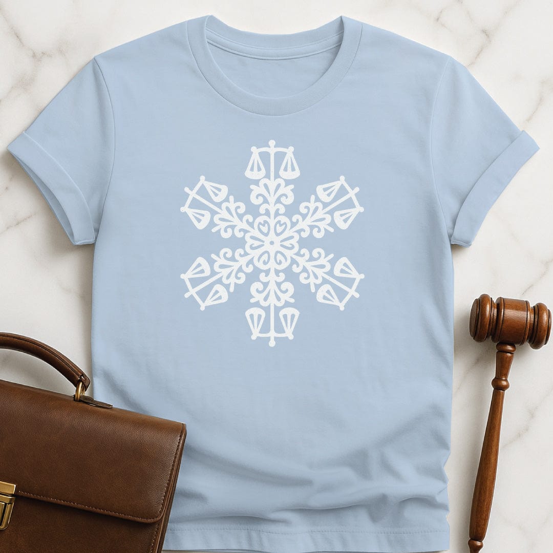 christmas law graduate tshirt featuring snowflake made up of little scales of justice in blue