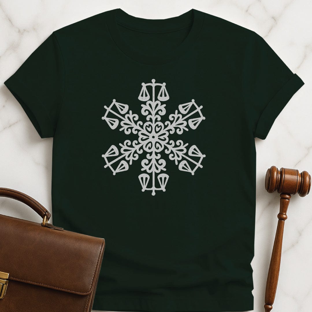 christmas attorney tshirt featuring snowflake made up of little scales of justice in green