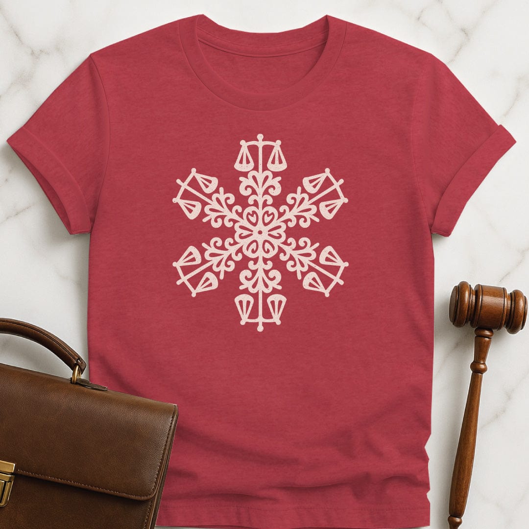 cute new lawyer graphic t shirt featuring snowflake made up of little scales of justice in heather red