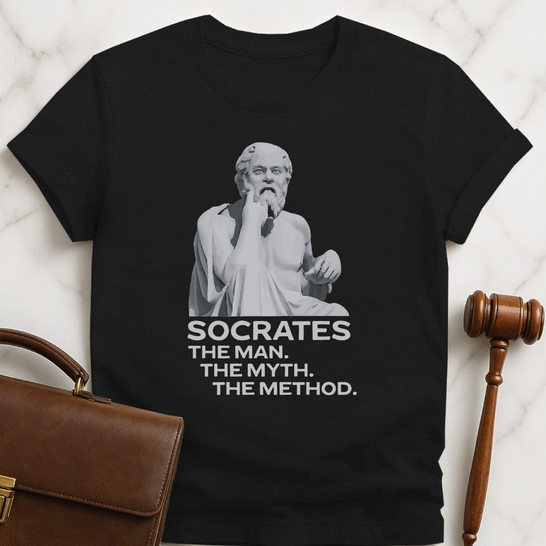 funny law school graphic t shirt that says socrates the man the myth the method featuring a statute of Socrates in black