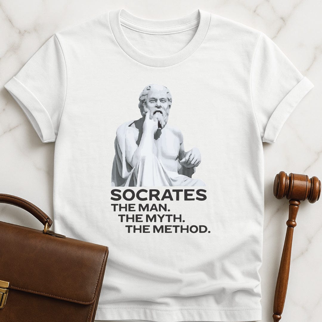 funny law school graduate graphic tee that says socrates the man the myth the method featuring a statute of Socrates in white