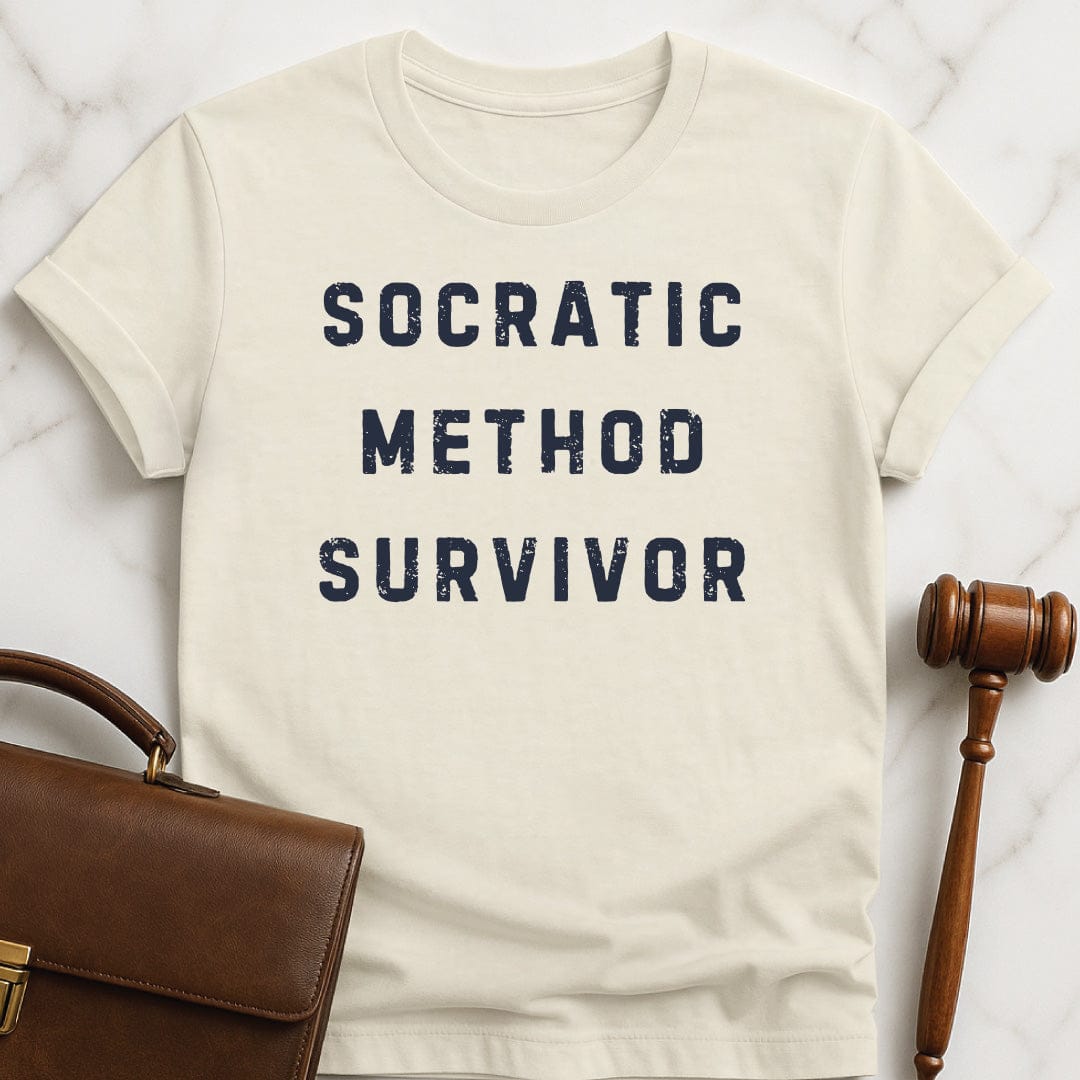 funny attorney graphic tshirt that says socratic method survivor in cream