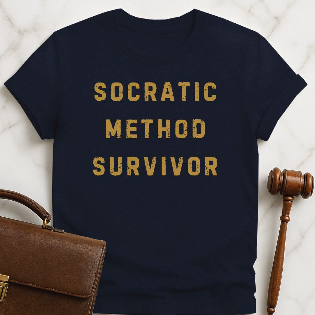 funny law school grad t-shirt that says socratic method survivor in blue
