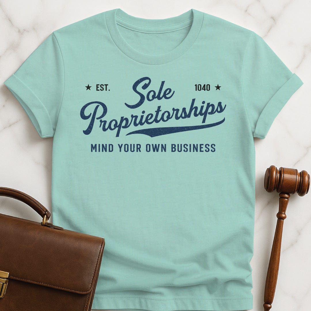 funny law graduate t-shirt that says Sole Proprietorship Mind Your Own Business Est 1040 in heather green