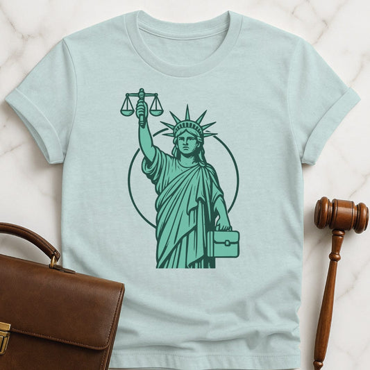 cool attorney t-shirt featuring Statue of liberty as a lawyer holding a briefcase and scales of justice in heather blue