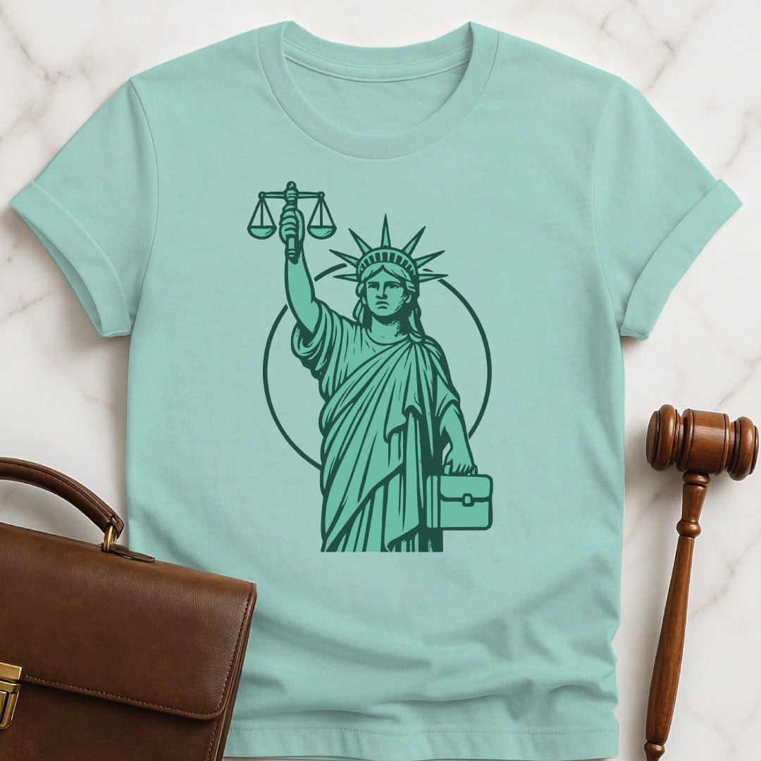 cool law school grad tshirt featuring Statue of liberty as a lawyer holding a briefcase and scales of justice in heather green