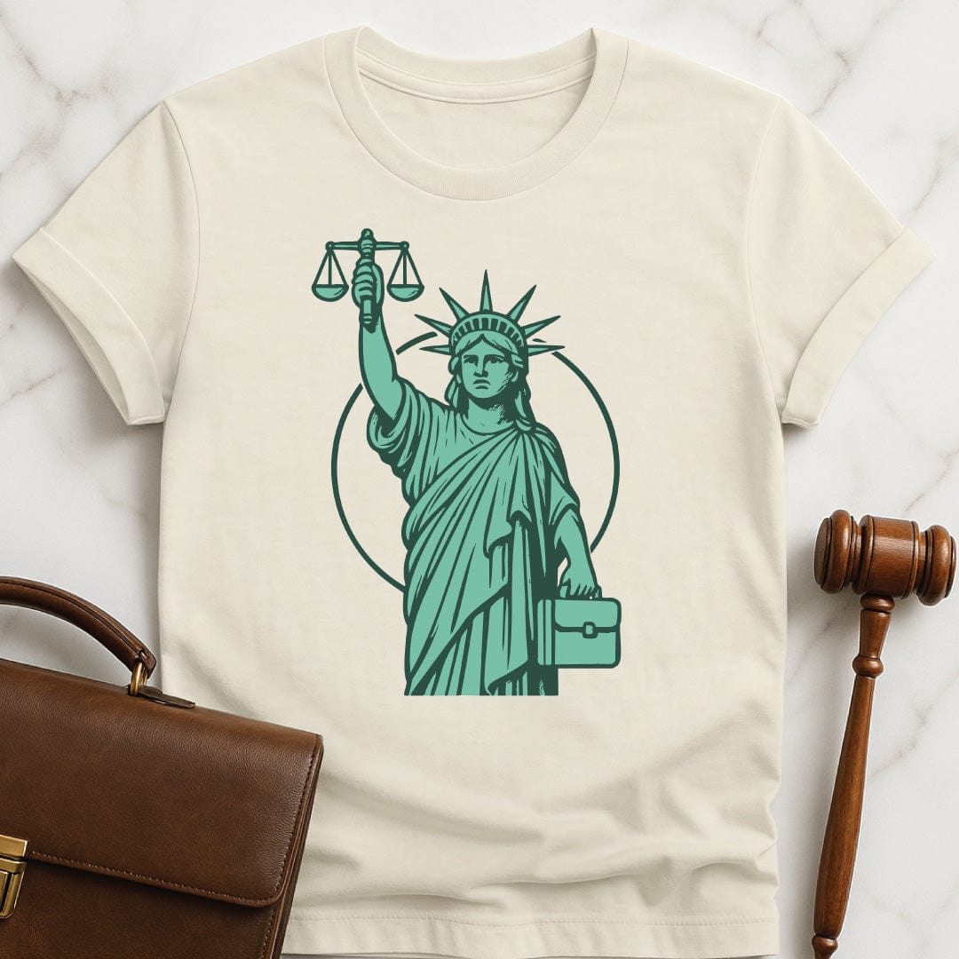 cool new attorney graphic t-shirt featuring Statue of liberty as a lawyer holding a briefcase and scales of justice in cream