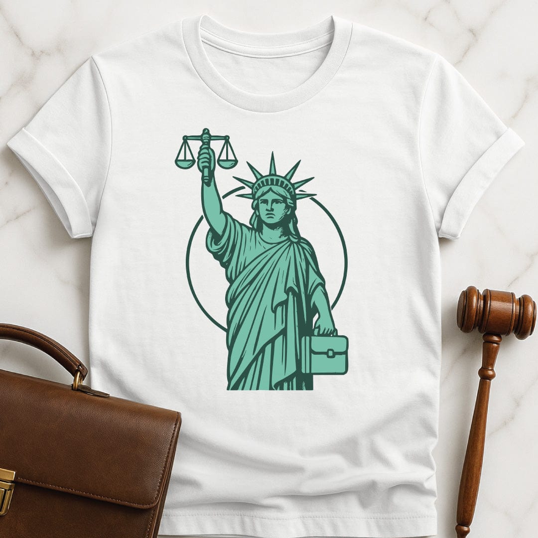 cool law student graphic tshirt featuring Statue of liberty as a lawyer holding a briefcase and scales of justice in white