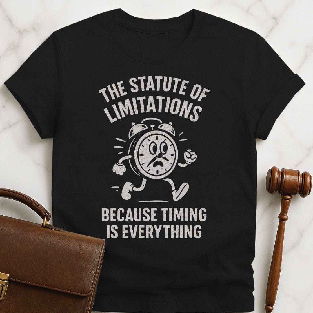 funny law school grad graphic tshirt that says statute of limitations because timing is everything featuring vintage clock with a face arms and legs running in black