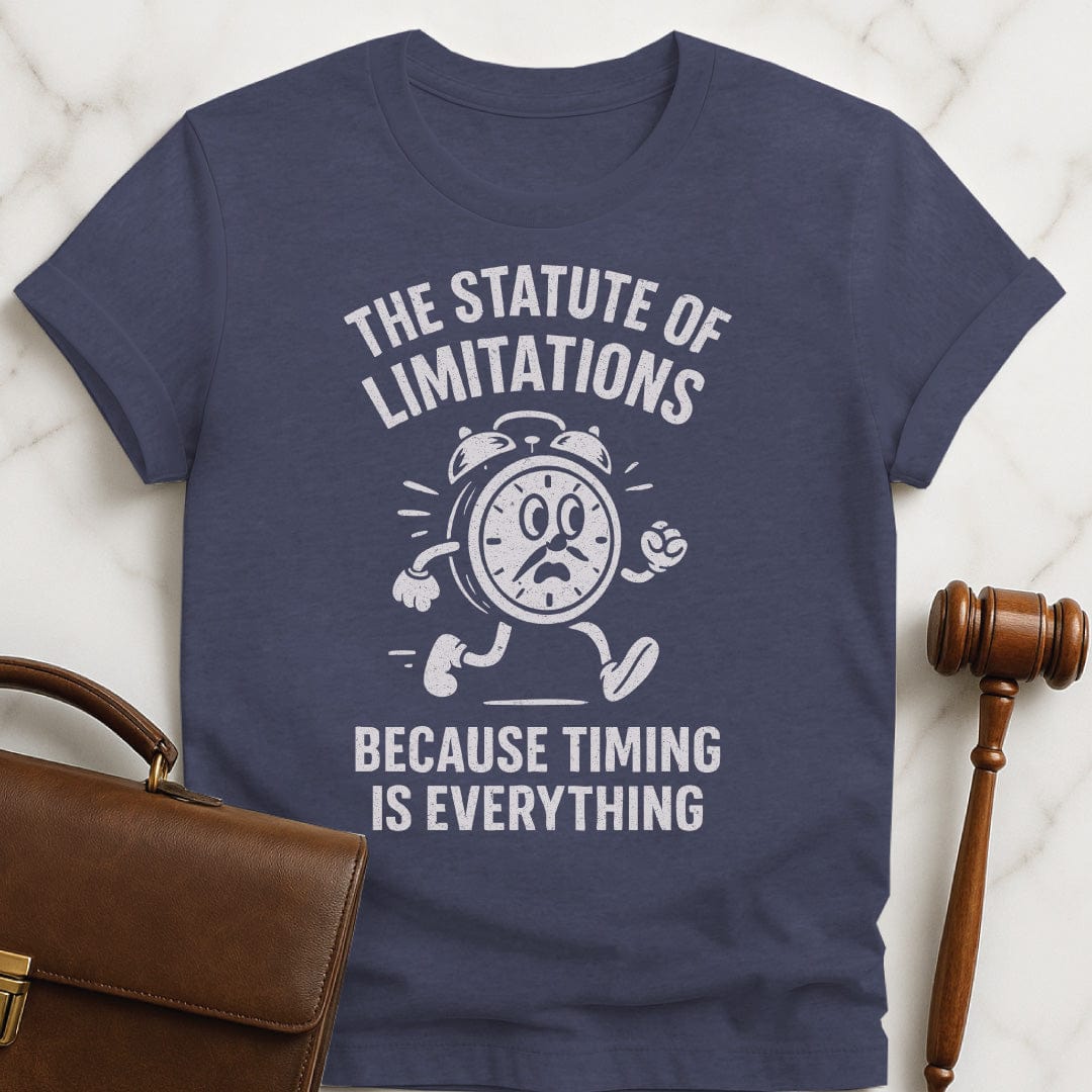 funny new attorney t-shirt that says statute of limitations because timing is everything featuring vintage clock with a face arms and legs running in heather blue