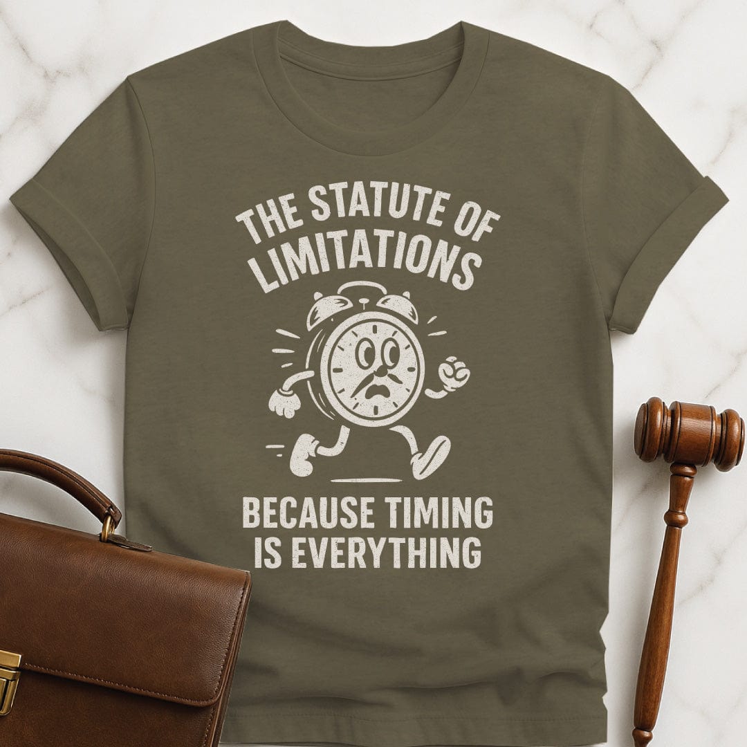 funny law student t-shirt that says statute of limitations because timing is everything featuring vintage clock with a face arms and legs running in heather green