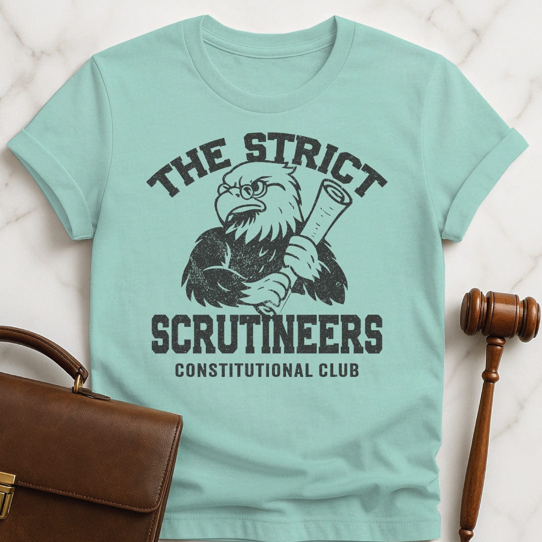funny law school grad tshirt that says strict scrutineers featuring an eagle holding a scroll in heather green