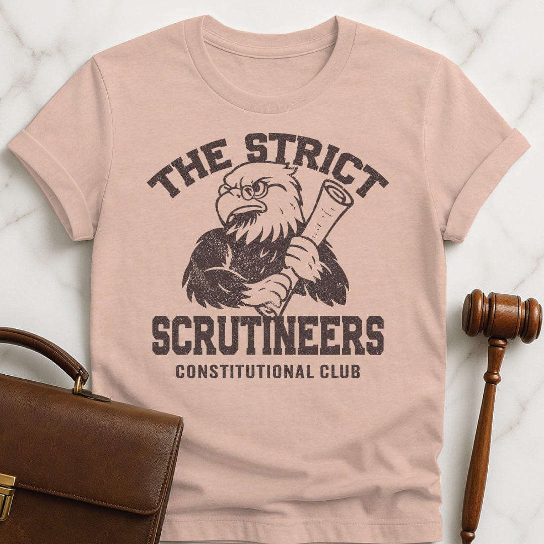 funny new attorney graphic t-shirt that says strict scrutineers featuring an eagle holding a scroll in heather peach