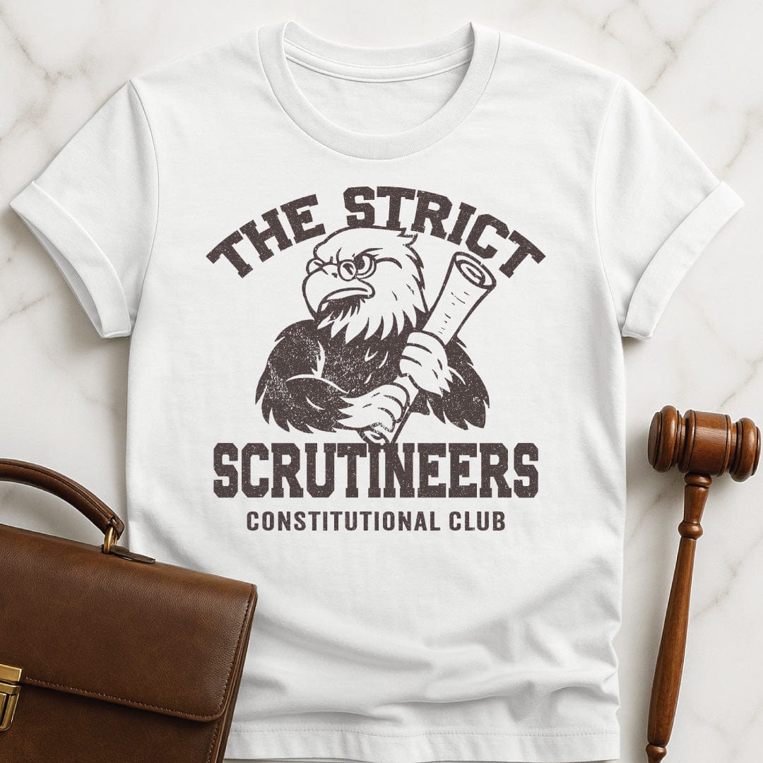 funny law graduate t-shirt that says strict scrutineers featuring an eagle holding a scroll in white