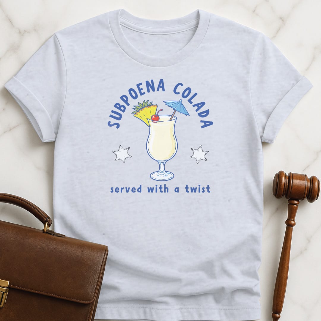 funny law school graduate graphic tshirt that says Subpoena colada served with a twist featuring pina colada and sheriff badge stars in grey