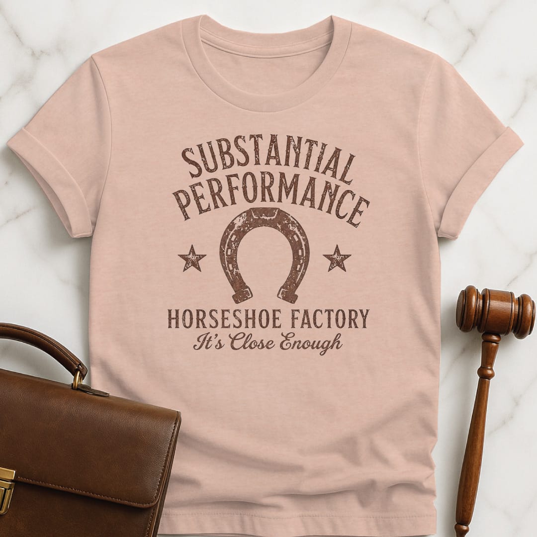 funny attorney graphic t-shirt that says substantial performance horseshoe factory its close enough featuring horseshoe in heather peach