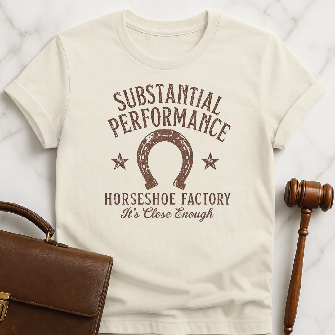 funny law graduate t-shirt that says substantial performance horseshoe factory its close enough featuring horseshoe in cream