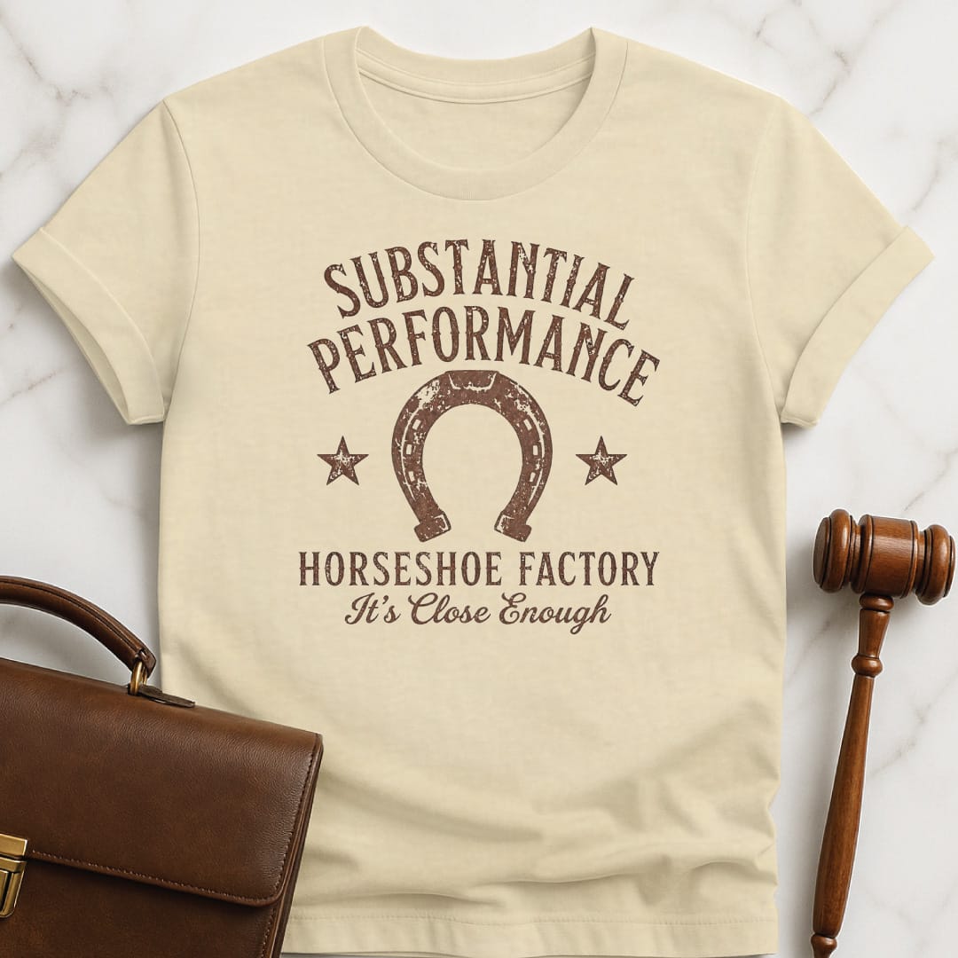 cool new lawyer t shirt that says substantial performance horseshoe factory its close enough featuring horseshoe in cream