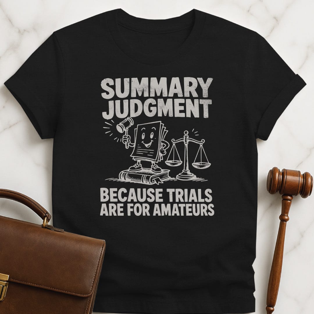 cute law student graphic tee that says summary judgment because trials are for amateurs featuring gavel scales of justice law books in black