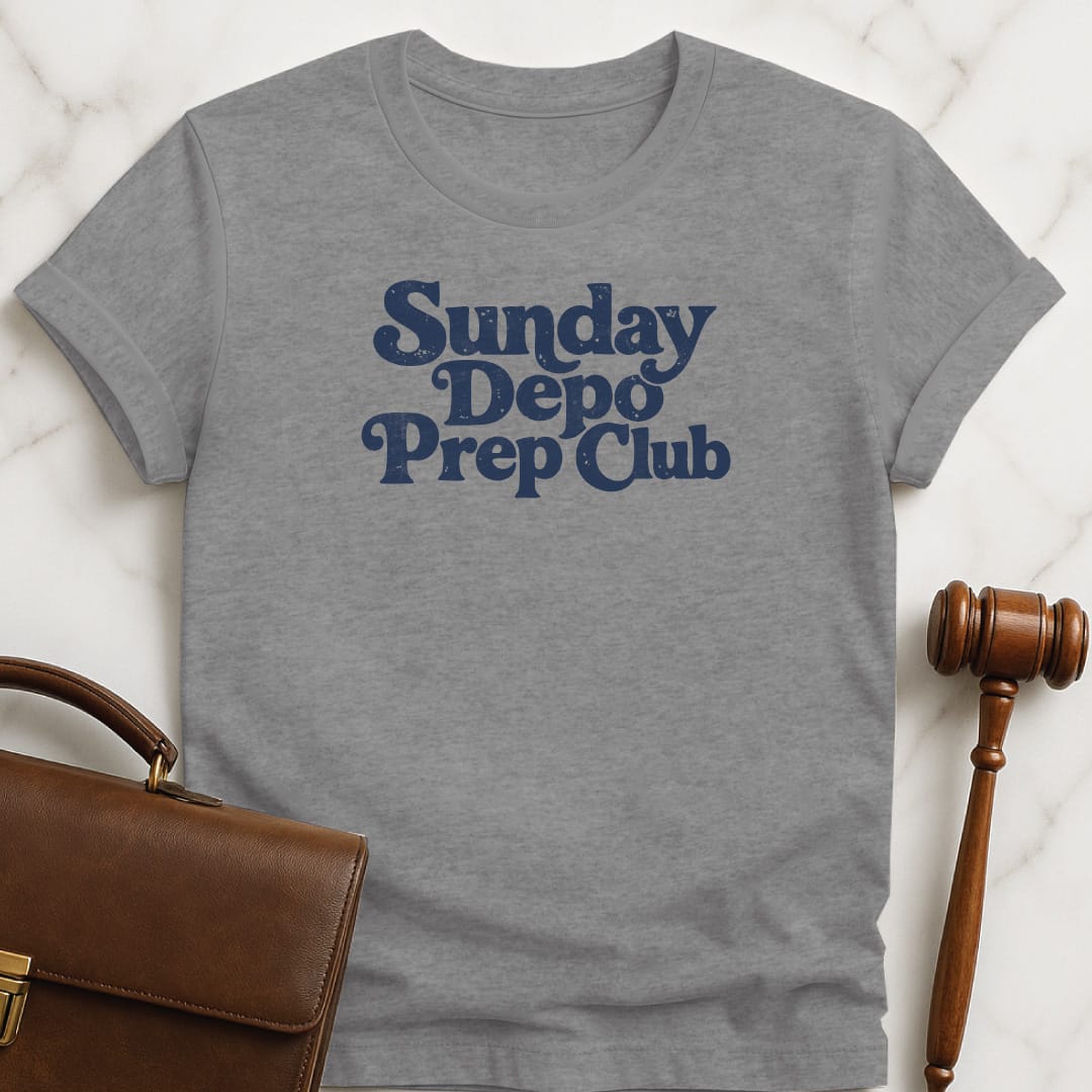 funny lawyer t-shirt that says Sunday depo prep club in grey