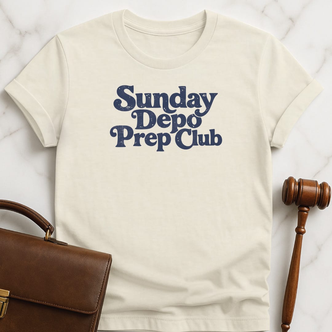 cool attorney tee that says Sunday depo prep club in cream