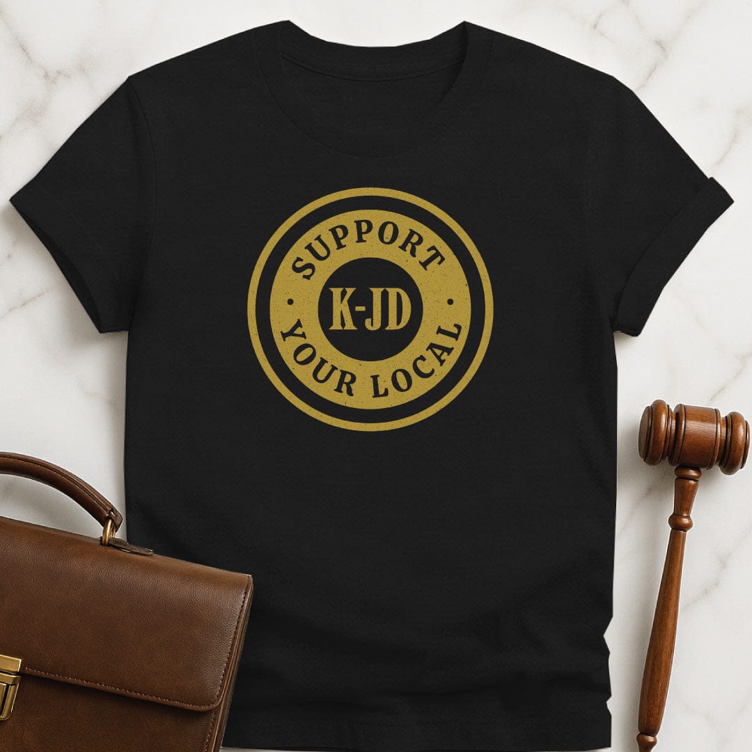 funny law student graphic t-shirt that says Support your local k through jd in black