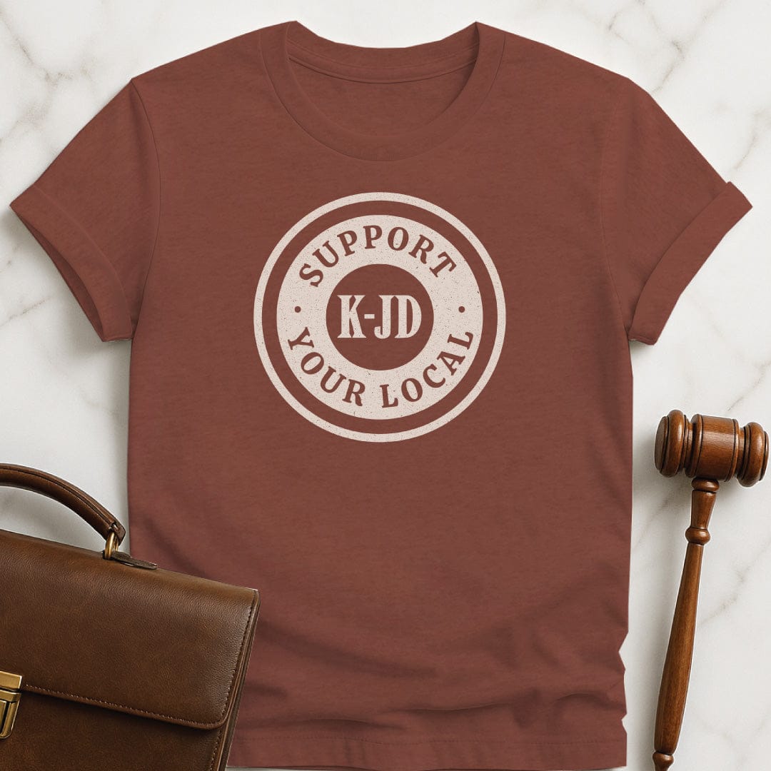 funny new attorney tshirt that says Support your local k through jd in heather brown