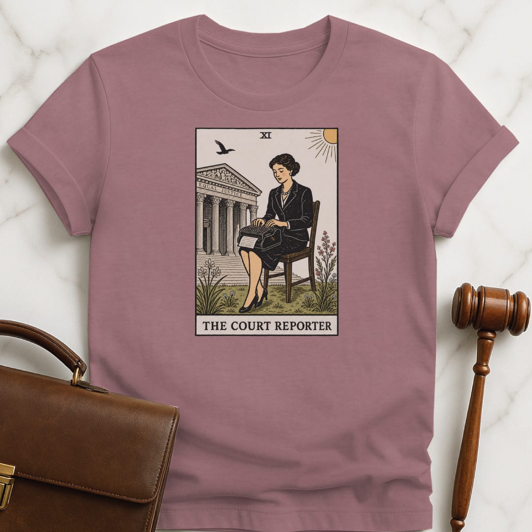 unique lawyer graphic tshirt that says The Court Reporter featuring tarot card style of a woman court reporter in heather mauve